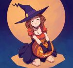  ^_^ blush_stickers boku_no_hero_academia breasts brown_hair choker cleavage closed_eyes commentary dress frilled_skirt frills full_moon gloves halloween halloween_costume hat moon puffy_short_sleeves puffy_sleeves pumpkin seiza short_sleeves sitting skirt solo unseriousguy uraraka_ochako witch witch_hat 
