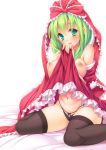  bangs bed_sheet black_bow black_legwear black_panties blush bow bow_panties breasts commentary_request frilled_ribbon frilled_skirt frills front_ponytail green_eyes green_hair hair_between_eyes hand_on_own_chest hand_up kagiyama_hina large_breasts lifted_by_self long_hair looking_at_viewer navel nipples open_mouth panties red_ribbon red_skirt ribbon simple_background sitting skirt skirt_lift smile solo string_panties thighhighs topless touhou underwear wariza white_background yayoi_and_nagi 