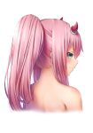  absurdres artnetirs bangs bare_shoulders blush closed_mouth commentary cropped_torso darling_in_the_franxx eyebrows_visible_through_hair from_behind hairband high_ponytail highres horns long_hair looking_at_viewer looking_back pink_hair ponytail portrait profile smile solo zero_two_(darling_in_the_franxx) 