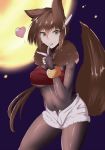  1girl aile animal_ears bangs bodystocking bracelet breasts brown_hair brown_tail covered_navel finger_to_mouth full_moon green_eyes hair_between_eyes hair_ears halloween heart jewelry medium_breasts moon robot_ears rockman rockman_zx rockman_zx_advent short_shorts shorts smile solo tail tgxx3300 tongue tongue_out tube_top white_shorts wolf_ears wolf_girl wolf_tail 