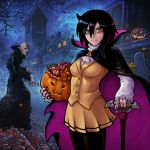  1boy 1girl black_hair breasts candy cane cape food girl green_eyes halloween kuroki_tomoko long_hair looking_at_viewer medium_breasts noir_holic nosferatu smile standing vampire watashi_ga_motenai_no_wa_dou_kangaetemo_omaera_ga_warui! 