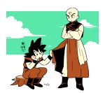  :o bald black_hair boots chinese_clothes cloud cloudy_sky crossed_arms dougi dragon_ball dragon_ball_super dragon_ball_z expressionless goro_(szyk7834) grabbing hand_on_own_chin leaf long_sleeves looking_down male_focus multiple_boys serious short_hair simple_background sitting sitting_on_tree_stump sky son_gokuu spiked_hair tenshinhan third_eye translation_request tree tree_stump white_background wristband 