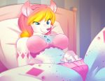  2018 amberpendant anthro bed black_nose blonde_hair blue_eyes blue_fur bra breasts canine clothed clothing digital_media_(artwork) female fingering fox fur hair jewelry lying mammal panties pink_hair sanuru_light_(character) spreading underwear white_fur 