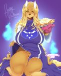  2018 anthro big_breasts breasts canine cherrikissu clothed clothing clothing_lift cosplay digital_media_(artwork) dog dogmom english_text female food hi_res holding_food holding_object looking_at_viewer mammal mature_female oven_mitt pie pussy saluki signature smile solo text thick_thighs toriel undertale video_games 