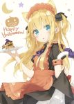  animal_ears apron blonde_hair blue_eyes blush bow cat_ears cat_tail commentary_request english eyebrows_visible_through_hair happy_halloween holding holding_plate long_hair looking_at_viewer maid maid_apron open_mouth orange_apron original peko plate pumpkin shimotsuki_potofu skirt_hold solo tail two_side_up 