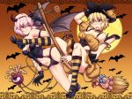  anklet bat_wings black_panties blonde_hair blush bow breasts broom broom_riding cameltoe choker cleavage collar commentary_request demon_horns demon_tail demon_wings detached_sleeves fake_horns fang flying frilled_choker frills full_body green_eyes halloween halloween_costume hat high_heels horns jack-o'-lantern jewelry komeiji_satori large_breasts loafers medium_breasts mizuhashi_parsee multiple_girls navel ootsuki_wataru panties pink_eyes pink_hair pointy_ears puffy_short_sleeves puffy_sleeves shoes short_sleeves skirt socks striped striped_legwear tail tail_bow tentacle_hair textless touhou underwear wings witch witch_hat 
