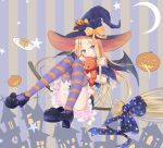  abigail_williams_(fate/grand_order) alternate_costume bangs bare_shoulders black_bow black_footwear blonde_hair blue_bow blue_eyes blue_shirt blue_skirt blue_sleeves blush bow broom building closed_mouth commentary_request crescent_moon crossed_bandaids detached_sleeves eyebrows_visible_through_hair fate/grand_order fate_(series) food frilled_shirt frilled_skirt frills full_body halloween hat hat_bow head_tilt high_heels highres jack-o'-lantern licking_lips long_hair looking_at_viewer mary_janes moon pancake parted_bangs plate pleated_skirt print_bow puffy_short_sleeves puffy_sleeves purple_hat sakazakinchan shirt shoes short_sleeves skirt smile solo stack_of_pancakes star star_print striped striped_background striped_legwear thighhighs tongue tongue_out vertical-striped_background vertical_stripes very_long_hair witch_hat 