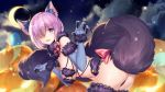  :d animal_ears ass bare_shoulders bikini bison_cangshu blue_gloves blush breasts claws cloud crescent_moon dangerous_beast elbow_gloves fang fate/grand_order fate_(series) ghost gloves hair_over_one_eye halloween hanging_breasts highres looking_at_viewer mash_kyrielight moon navel night night_sky open_mouth pumpkin purple_eyes purple_hair purple_legwear short_hair sky smile solo_focus star_(sky) starry_sky swimsuit tail thighhighs wolf_ears wolf_tail 