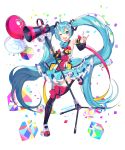  absurdly_long_hair absurdres balloon black_legwear blue_eyes blue_hair blue_skirt blush bow cube eyebrows_visible_through_hair frilled_skirt frills full_body hatsune_miku highres long_hair looking_at_viewer magical_mirai_(vocaloid) megaphone one_eye_closed open_mouth over-kneehighs pink_bow roti skirt smile solo striped striped_legwear thighhighs twintails vertical-striped_legwear vertical_stripes very_long_hair vocaloid 