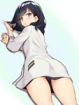  ass back bangs black_hair black_skirt blue_eyes blush breasts cardigan collarbone commentary_request hips long_hair long_sleeves looking_at_viewer looking_back lying on_stomach parted_lips pleated_skirt school_uniform shirt shunichi skirt small_breasts solo ssss.gridman sweater swept_bangs takarada_rikka white_sweater 