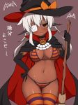  :o ascot ass_visible_through_thighs bangs bat bikini black_cape black_choker black_gloves black_hat blush bow breasts broom brown_eyes cape choker cleavage colored_stripes commentary_request dark_skin elbow_gloves eyebrows_visible_through_hair eyepatch gloves hair_flaps haniwagi_(hal) hat hat_bow holding holding_broom long_hair medical_eyepatch medium_breasts navel open_mouth orange_bikini orange_bow orange_legwear original purple_background purple_bikini purple_legwear sidelocks simple_background solo stomach striped striped_bikini striped_legwear swimsuit thigh_gap thighhighs translation_request white_hair white_neckwear witch_hat 