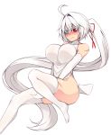  3: absurdres ahoge bare_shoulders between_legs blue_eyes blush breasts covered_collarbone covering covering_crotch dress elbow_gloves eyebrows_visible_through_hair facial_scar gloves hair_ribbon hand_between_legs heterochromia highres large_breasts long_hair no_panties no_shoes nose_blush original ponytail red_eyes red_ribbon ribbon scar scar_across_eye side_slit simple_background solo sub-res thighhighs very_long_hair white_background white_dress white_gloves white_hair white_legwear 