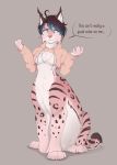  2018 areola black_hair blue_eyes bottomless breasts catnamedfish chakat chest_tuft clothed clothing dialogue drawyourfursona english_text feline female fish_(catnamedfish) fur hair hi_res lynx mammal meme navel pink_fur solo striped_fur stripes taur text tuft twitter_hoodie 