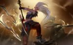  alternate_costume blue_eyes boots commentary gloves guitar holding holding_weapon instrument irelia league_of_legends long_hair pentakill sketch solo speaker spikes suqling weapon white_hair 