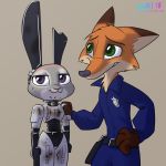  2018 anthro badge belt canine cheek_tuft clothed clothing crossover cybernetics cyborg dipstick_ears dirty disney duo fanartiguess female fox green_eyes gun hand_on_hip hand_on_shoulder handgun holding_object holding_weapon judy_hopps lagomorph machine male mammal nick_wilde pistol police_uniform purple_eyes rabbit ranged_weapon robocop robocop_(franchise) signature simple_background smile standing tuft uniform url weapon wounded zootopia 