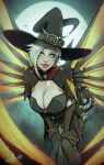  alternate_costume bangle blonde_hair blue_eyes book bracelet breasts capelet chaps cleavage devilhs earrings full_moon hair_over_one_eye halloween_costume hands_on_own_knees hat highres jewelry large_breasts leaning_forward lips looking_at_viewer mechanical_wings mercy_(overwatch) moon night overwatch pink_lips short_hair solo wings witch witch_hat witch_mercy 