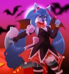  2018 anthro armwear bat bat_wings black_nose blue_eyes blue_fur blue_hair breasts candy canine cleavage clothed clothing cosplay crossgender dipstick_tail dress eyelashes f-ss female food fox fruit fur hair halloween hatsune_miku hi_res holidays legwear lollipop long_hair makeup mammal mascara membranous_wings multicolored_tail pigtails pumpkin ribbons roflfox solo stockings striped_legwear striped_stockings stripes vocaloid white_fur wings 
