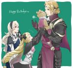  2girls armor black_armor black_bow black_gloves black_hairband blonde_hair bow brother_and_sister circlet closed_eyes commentary_request dress earrings elise_(fire_emblem_if) female_my_unit_(fire_emblem_if) fire_emblem fire_emblem_if from_side gloves hair_bow hairband happy_birthday jewelry long_hair marks_(fire_emblem_if) multicolored_hair multiple_girls my_unit_(fire_emblem_if) open_mouth parted_lips pink_bow pointy_ears purple_hair red_eyes robaco short_hair siblings simple_background stuffed_animal stuffed_toy teddy_bear twintails white_hair 