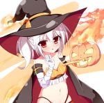  ayanami_(azur_lane) azur_lane bandaged_arm bandages bangs bare_shoulders black_hat black_panties blush brown_cape cannon cape collarbone commentary_request eyebrows_visible_through_hair fire glowing hair_between_eyes halloween hand_up hat highleg highleg_panties highres jack-o'-lantern kuro75268 long_hair looking_at_viewer multicolored multicolored_cape multicolored_clothes navel panties parted_lips red_cape red_eyes side_ponytail sidelocks solo underwear white_hair witch_hat 