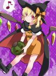  :&gt; alternate_costume blonde_hair boots bow cape commentary_request dress flandre_scarlet hair_bow hammer_(sunset_beach) hat heart jack-o'-lantern looking_at_viewer orange_dress pumpkin red_eyes short_hair side_ponytail smile solo spoken_heart star touhou wings witch_hat 