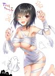  1girl :3 ;d aldehyde arm_up armpits bandaged_arm bandages bangs bare_shoulders barefoot black_hair breasts claw_pose collarbone commentary_request eyebrows_visible_through_hair facial_scar fingernails ghost hair_between_eyes halloween highres imoko_(neeko's_sister) large_breasts leaning_forward lipstick long_fingernails makeup nail_polish naked_bandage one_eye_closed open_mouth original pink_lips pink_nails red_eyes sarashi scar scar_on_cheek short_hair simple_background skindentation smile solo standing standing_on_one_leg trick_or_treat underboob white_background 