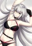  ahoge armpits arms_up bangs belt belt_buckle black_belt black_gloves breasts buckle cleavage collarbone commentary_request dutch_angle eyebrows_visible_through_hair fate/grand_order fate_(series) gloves gradient gradient_background grey_background grey_hair hair_between_eyes halterneck jeanne_d'arc_(alter_swimsuit_berserker) jeanne_d'arc_(fate)_(all) long_hair looking_at_viewer medium_breasts navel o-ring o-ring_bikini o-ring_top parted_lips smile solo stomach v-shaped_eyebrows very_long_hair white_background yami_kyon_oov yellow_eyes 