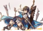  absurdres armor belt black_hair blurry cape celliera chinese_commentary commentary_request dragalia_lost gauntlets highres holding holding_weapon ice_dacapo short_hair solo sword thighhighs weapon 
