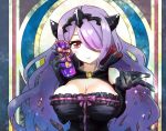  artist_name black_gloves breasts camilla_(fire_emblem_if) cleavage commentary fire_emblem fire_emblem_if gift gloves hair_over_one_eye halloween_costume large_breasts long_hair purple_hair red_eyes sksk7r solo 