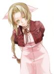  aerith_gainsborough breasts brown_hair buttons commentary_request cropped_jacket dress final_fantasy final_fantasy_vii green_eyes hair_ribbon jacket long_hair looking_at_viewer neck_ribbon pink_dress pink_ribbon red_jacket ribbon smile solo tomo_(552252) 
