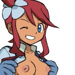 1girl blue_eyes blush breasts breasts_outside creatures_(company) dark_skin fuuro_(pokemon) game_freak gomatarou_(pixiv196136) looking_at_viewer nintendo nipples nude pokemon smile 