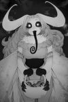  antennae artist_name basket black_tongue bug commentary curly_hair english_commentary fur_collar greyscale halloween highres insect long_hair long_tongue looking_at_viewer matilda_vin monochrome monster_girl moth moth_girl mother_lumi multiple_arms original smile solo tongue 