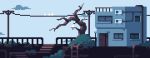  animated_gif bird blue_sky building commentary door english_commentary ground_vehicle japan ladder lennsan no_humans original power_lines railing sky stairs telephone_pole train tree 
