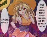  1girl antenna_hair blonde_hair breasts cleavage halloween hard_translated hat large_breasts long_hair original red_eyes ryogo sleeveless translated witch_hat 