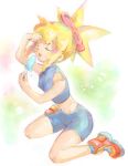  bike_shorts blonde_hair breasts cleavage closed_eyes commentary_request dinef food open_mouth popsicle rockman rockman_dash roll_caskett solo sports_bra 