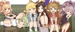  arulumaya blonde_hair blue_eyes brown_eyes brown_hair charlotta_fenia commentary_request couch crown dress drusilla eyebrows_visible_through_hair frills girl_sandwich granblue_fantasy green_eyes green_hair hair_ornament hair_over_one_eye hairclip harvin hat mahira_(granblue_fantasy) mimlememel multiple_girls nio_(granblue_fantasy) o_(rakkasei) pointy_ears ponytail purple_eyes purple_hair red_eyes sandwiched socks tank_top triangle_mouth twintails wavy_hair 