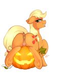  2018 absurd_res anatomically_correct anatomically_correct_pussy animal_genitalia animal_pussy anus applejack_(mlp) butt clitoris cutie_mark digital_media_(artwork) dock equine equine_pussy eyelashes female feral food friendship_is_magic fruit hi_res hooves looking_at_viewer mammal my_little_pony pumpkin pussy ratofdrawn simple_background solo tongue tongue_out underhoof white_background 