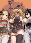  3girls ahoge anila_(granblue_fantasy) antenna_hair asanagi bangs belt black_gloves black_hair black_legwear black_panties blonde_hair blunt_bangs blush breasts brown_eyes bursting_breasts cleavage closed_mouth commentary_request cosplay danua dark_skin dark_skinned_male draph dress dress_tug dutch_angle elbow_gloves embarrassed empty_eyes eyebrows_visible_through_hair from_below gloves granblue_fantasy grey_eyes hair_between_eyes hand_on_another's_head highres hikimayu huge_breasts monica_weisswind multiple_girls narmaya_(granblue_fantasy) narmaya_(granblue_fantasy)_(cosplay) nude panties pleated_skirt red_eyes ribbon-trimmed_skirt ribbon_trim short_dress side-tie_panties single_elbow_glove single_glove single_thighhigh skirt sweat thigh_strap thighhighs thighs twintails underwear wavy_mouth white_dress white_gloves white_panties 