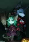  2018 anthro blue_hair cat clothed clothing digital_media_(artwork) duo feline female green_eyes green_hair hair halloween holidays kameloh mammal smile standing 