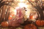  absurdres autumn autumn_leaves blonde_hair blue_bow blue_ribbon bow bra braid commentary_request crescent crescent_moon_pin dress forest hair_bow hat hat_bow hat_ribbon highres huge_filesize kirisame_marisa light long_hair midriff multiple_girls nature navel necktie one_eye_closed open_mouth patchouli_knowledge pumpkin purple_bow purple_eyes purple_hair purple_neckwear ribbon shirt skirt sly930105 smile sunlight touhou tree underwear very_long_hair white_bow white_bra witch_hat yellow_eyes yuri 