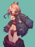  abigail_williams_(fate/grand_order) absurdres alternate_hairstyle bandaid_on_forehead bangs bare_shoulders bikini black_bikini black_bow black_jacket blonde_hair blue_eyes bow breasts closed_mouth commentary_request crossed_bandaids cyberpunk di_yi_xing_zian emerald_float fate/grand_order fate_(series) forehead frilled_bikini frills fujimaru_ritsuka_(female) green_background hair_bow hair_bun heroic_spirit_traveling_outfit highres hips jacket long_hair looking_at_viewer multiple_girls navel orange_bow parted_bangs polka_dot polka_dot_bow riyo_(lyomsnpmp)_(style) simple_background sleeves_past_wrists small_breasts solo_focus swimsuit tentacles thighs 