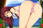  1girl ass bare_shoulders bent_over bikini blush breasts embarrassed from_behind hair_ornament hairclip long_hair looking_at_viewer looking_back love_live! love_live!_sunshine!! medium_breasts ocean red_hair sakurauchi_riko shiguko shiny shiny_hair shiny_skin sideboob smile solo swimsuit tree yellow_eyes 