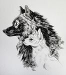  2018 ambiguous_gender black_fur black_nose canine digital_media_(artwork) duo feral fur mammal tamberella traditional_media_(artwork) white_fur 