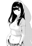  absurdres black_hair breasts commentary_request crop_top dytm greyscale hand_in_pocket highres long_hair medium_breasts midriff monochrome navel original shirt short_sleeves shorts simple_background solo stomach white_background 