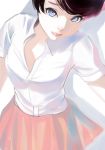  absurdres blue_eyes breasts closed_mouth collared_shirt commentary_request dytm highres looking_at_viewer medium_breasts original pleated_skirt red_skirt shirt short_hair short_sleeves simple_background skirt solo summer white_background white_shirt wing_collar 