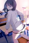  :o ass ass_grab black_hair black_panties blue_eyes blush cardigan chair classroom commentary_request desk eyebrows_visible_through_hair from_behind hand_on_own_ass highres houmitsu indoors kneeling legs long_hair long_sleeves looking_at_viewer looking_back on_chair panties panty_pull school school_chair school_desk school_uniform scrunchie solo ssss.gridman sunlight table takarada_rikka underwear white_cardigan wrist_scrunchie 