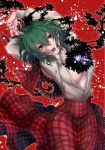  arms_behind_head arms_up breasts collared_shirt curly_hair dress_shirt eyebrows_visible_through_hair green_hair hair_between_eyes head_tilt high-waist_skirt kazami_yuuka large_breasts long_skirt messy_hair no_bra open_clothes open_mouth open_shirt plaid plaid_skirt plaid_vest red_background red_eyes red_skirt red_vest shirt sidate skirt solo torn_clothes torn_vest touhou vest white_shirt wing_collar 