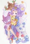  :d :o acerola_(pokemon) antenna_hair armlet bangs blue_dress blush_stickers brown_footwear closed_mouth colored_pencil_(medium) commentary_request dress drifloon fangs forehead froslass gen_1_pokemon gen_4_pokemon gen_6_pokemon gen_7_pokemon grey_background hair_ornament haunter heart highres hug looking_at_viewer mimikyu open_mouth parted_bangs parted_lips phantump pokemon pokemon_(creature) pokemon_(game) pokemon_sm purple_eyes purple_hair sandals sharp_teeth short_sleeves smile teeth texture traditional_media tsukiyo_(skymint) upper_teeth wavy_mouth 