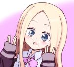  :d abigail_williams_(fate/grand_order) bangs blonde_hair blue_eyes blush bow collared_shirt cosplay fate/grand_order fate_(series) forehead gradient gradient_background hands_up jacket kujou_karasuma long_hair long_sleeves looking_at_viewer open_mouth parted_bangs pink_background pink_bow purple_jacket salute shinjou_akane shinjou_akane_(cosplay) shirt sleeves_past_wrists smile solo ssss.gridman vulcan_salute white_background white_shirt 