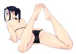  ass back bare_shoulders barefoot bikini black_bikini blue_eyes blush cameltoe closed_mouth commentary feet full_body hair_intakes hamada_yoshikazu highres long_hair looking_at_viewer looking_back lying official_art on_stomach ponytail purple_hair shiny shiny_skin simple_background solo swimsuit tagusari_takano tsugumomo white_background 