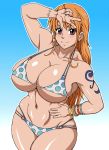  1girl areola_slip areolae armpits arms_behind_head arms_up ass bare_arms bare_shoulders blush breasts brown_eyes cleavage curvy earrings hips huge_ass huge_breasts jewelry large_breasts long_hair looking_at_viewer looking_to_the_side mikanberry nami_(one_piece) naruho navel one_eye_closed one_piece open_mouth orange_hair simple_background slender_waist smile solo standing stomach sweat tattoo teeth tongue wide_hips wink 